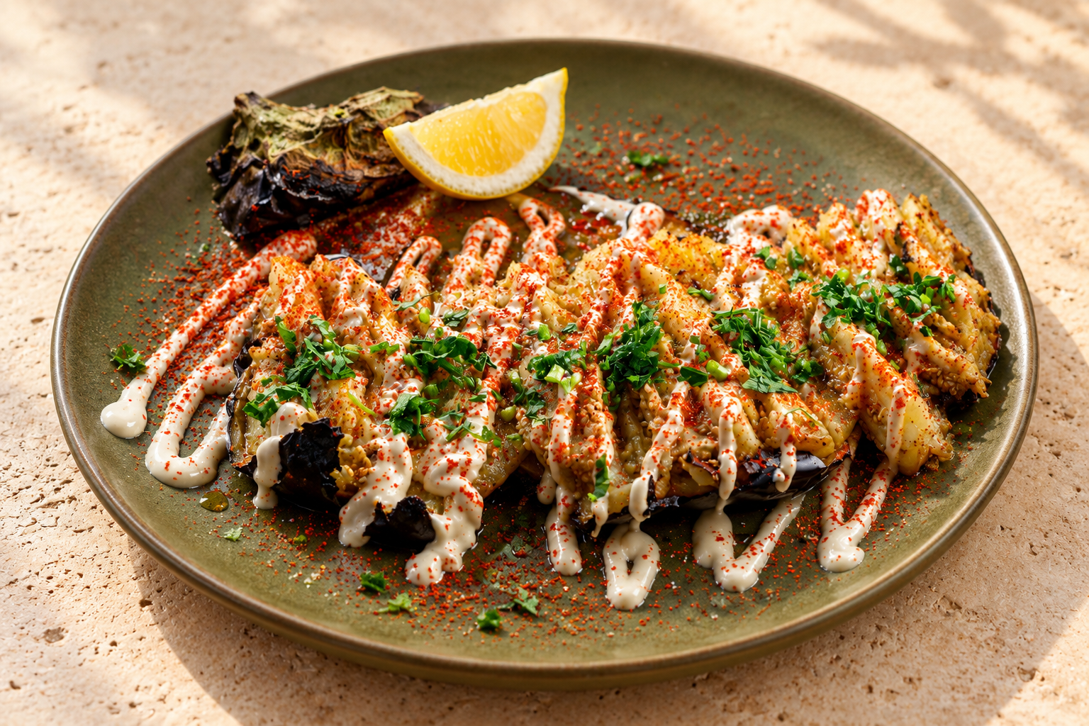 Imagen ilustrativa de berenjena asada con salsa y hierbas